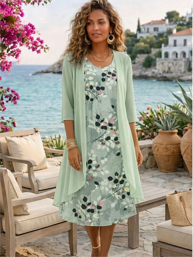 Ensemble deux pièces élégant et décontracté pour femme : Robe midi ample imprimée sans manches et cardigan en mousseline – Collection Printemps-Été