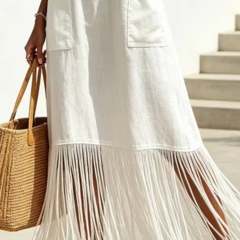 Robe de soirée décontractée à franges, robe longue à ourlet à franges, robe ample à bretelles spaghetti pour les vacances à la plage avec poches