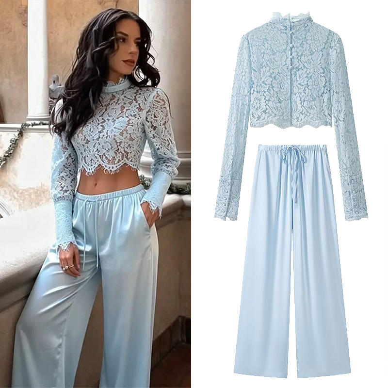 Ensemble pantalon femme Nouveauté été 2026 : Chemise à manches longues ajourée et pantalon en satin avec cordon de serrage – Tenue deux pièces pour femme