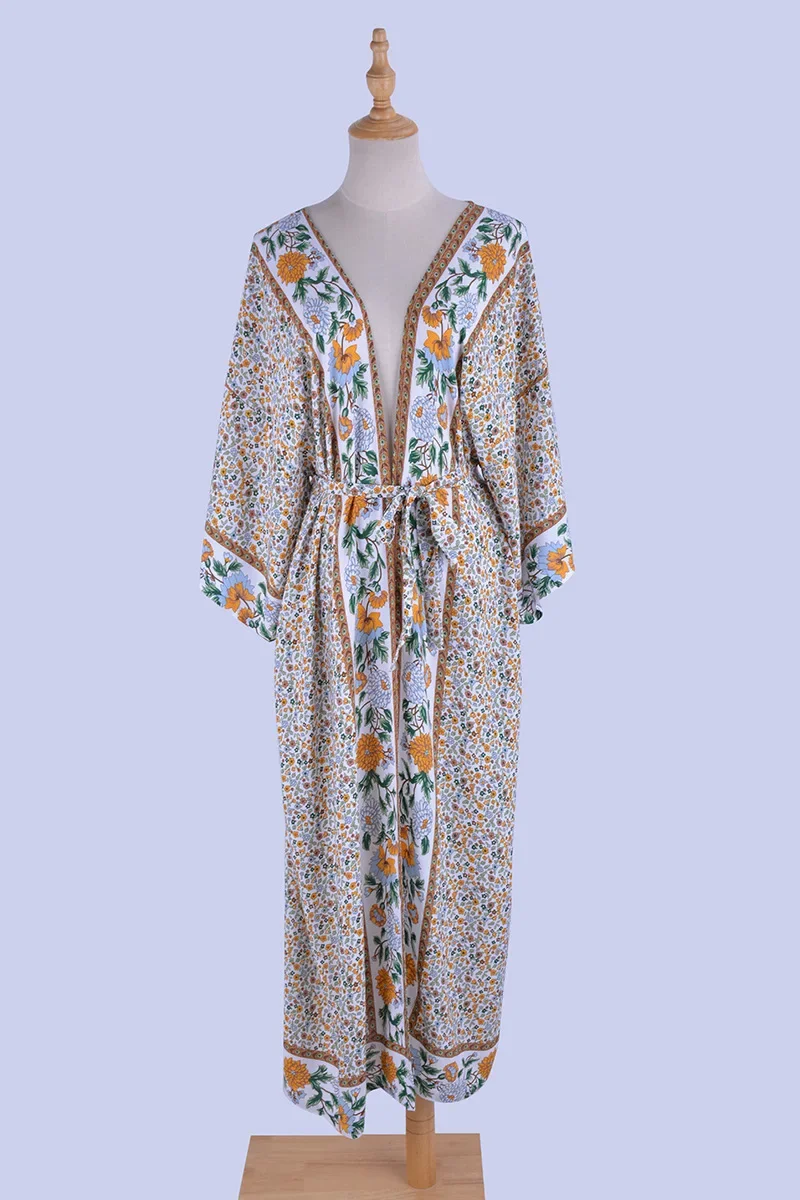 TEELYNN-Cardigan kimono long pour femme, chemise vintage, imprimé floral, style boho, robe de plage, été 2024