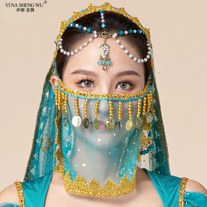 Voile de danse du ventre/danse indienne Hanfu, pompon, gaze à paillettes, accessoires de spectacle de danse, masque en maille de dentelle pour femmes