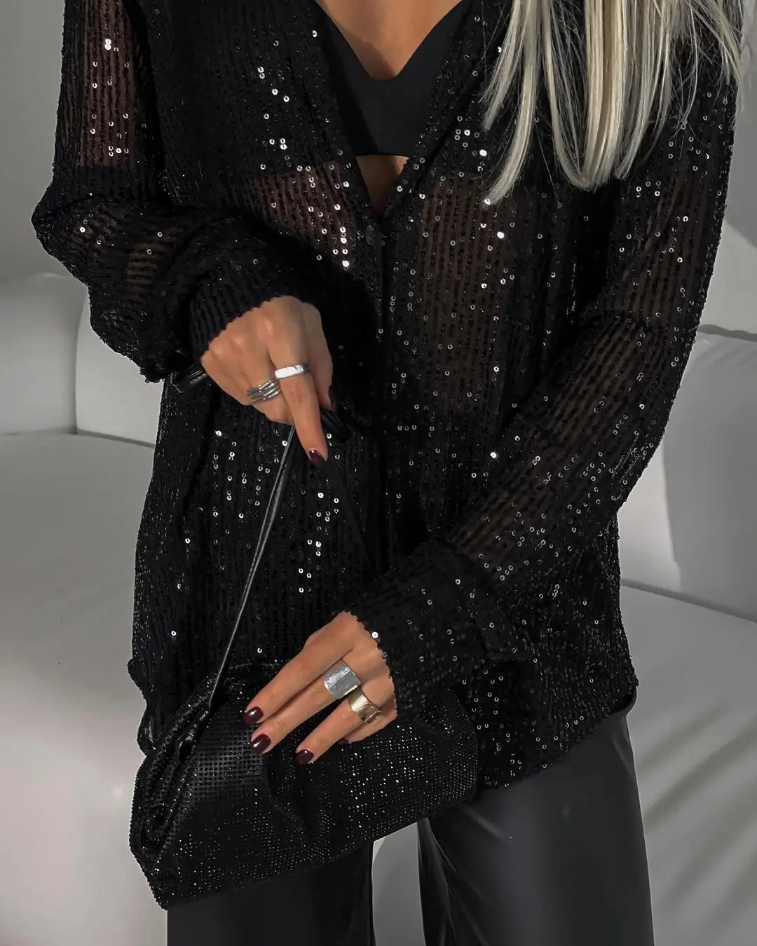 Chemisier Sexy à paillettes pour femmes, chemise argentée à manches longues, vêtements de club de fête, col rabattu, coupe ample, boutonné, hauts à paillettes, Y2K 2000S