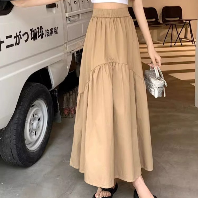 Jupe noire femmes corée été de 2025 Style coréen à la mode plissée Patchwork taille élastique jupe longue femme