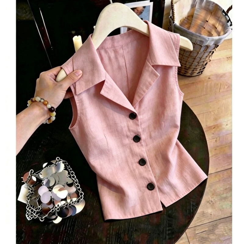Nouvelle Blouse Élégante Sans Manches pour Femme, Coupe Slim, Boutonnée, Unie, Simple et Polyvalente, Mode Été, Idéale pour le Bureau