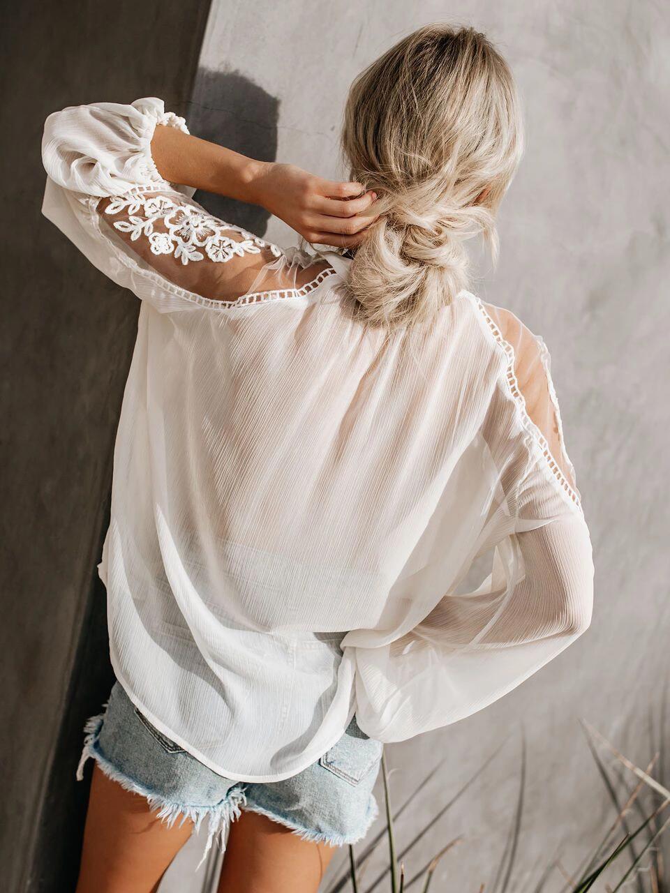 Chemise en dentelle blanche pour femme, col en V, patchwork, grande taille, sexy, manches longues, mode de rue, haut décontracté, chemisiers pour femme