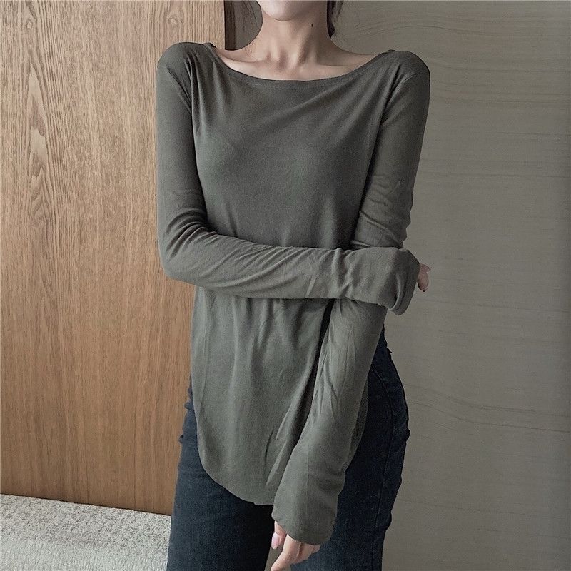 T-shirt manches longues pour femmes, ourlet fendu, Slim, simplicité, rue, décontracté, tendance, solide, basique, coréen, mode douce, vêtements pour femmes