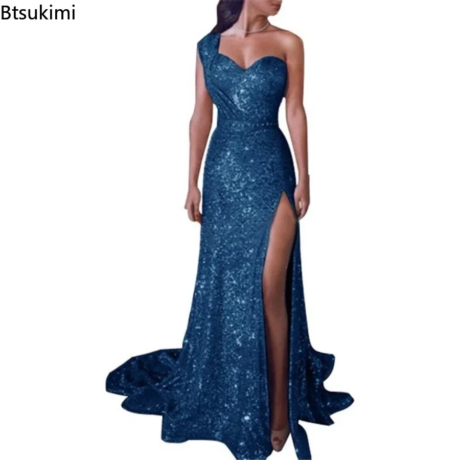 Robe de soirée de mariage pour femmes, élégante, Sexy, décolleté en V profond, asymétrique épaule dénudée, sans manches, paillettes, longue, Maxi, 2026