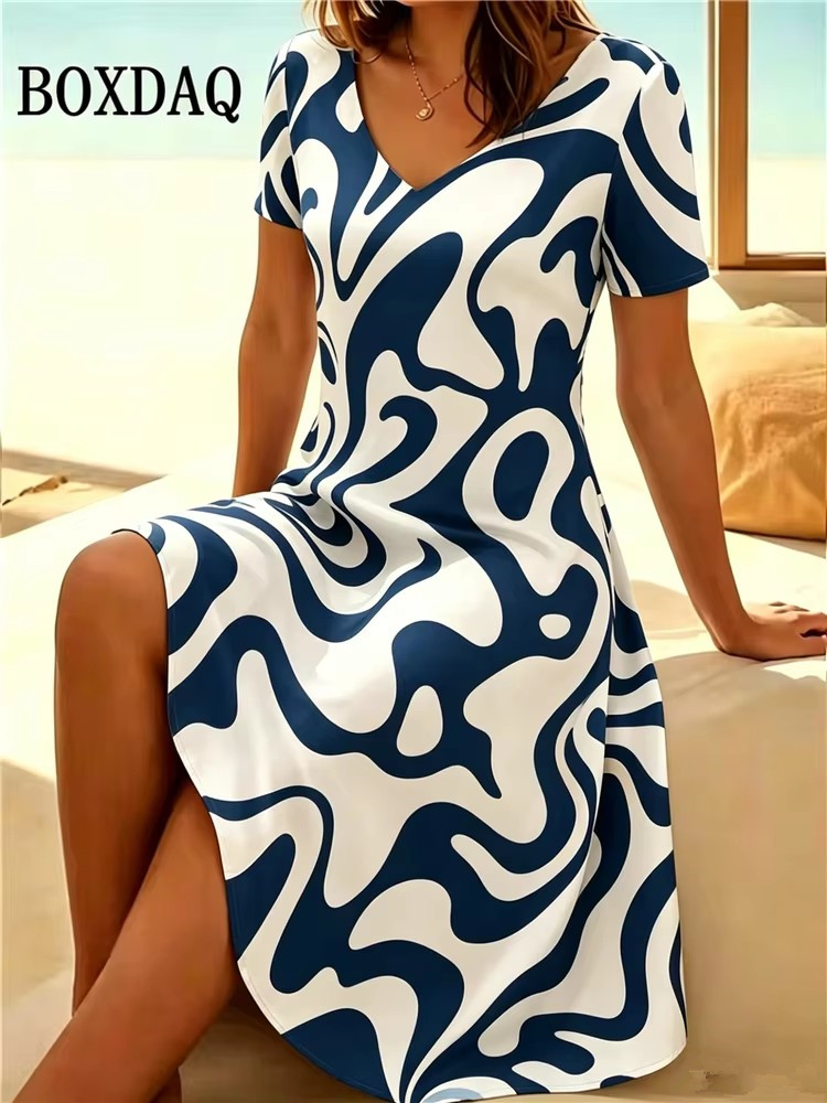 Nouvelle Robe Décontractée Femme 2026 à Manches Courtes et Col en V, Motif Peinture Abstraite, Robe d'Été Tendance Grande Taille Coupe Évasée 6XL