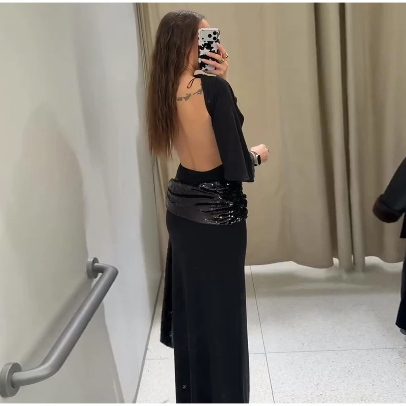 Robe Maxi en Patchwork de paillettes pour femmes, dos nu, élégante, manches larges, longue, nouvelle mode féminine, Robes de soirée quotidiennes