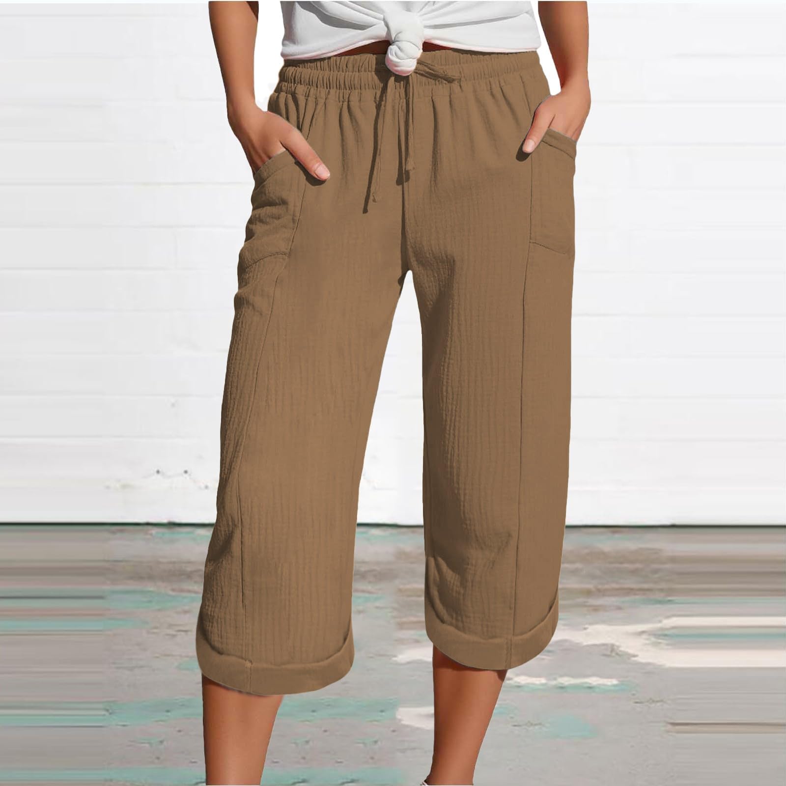 Pantalon en mousseline pour femmes, léger, en lin, avec poches, décontracté, ample, Capri, élastique, confortable, bas en tissu, 3/4