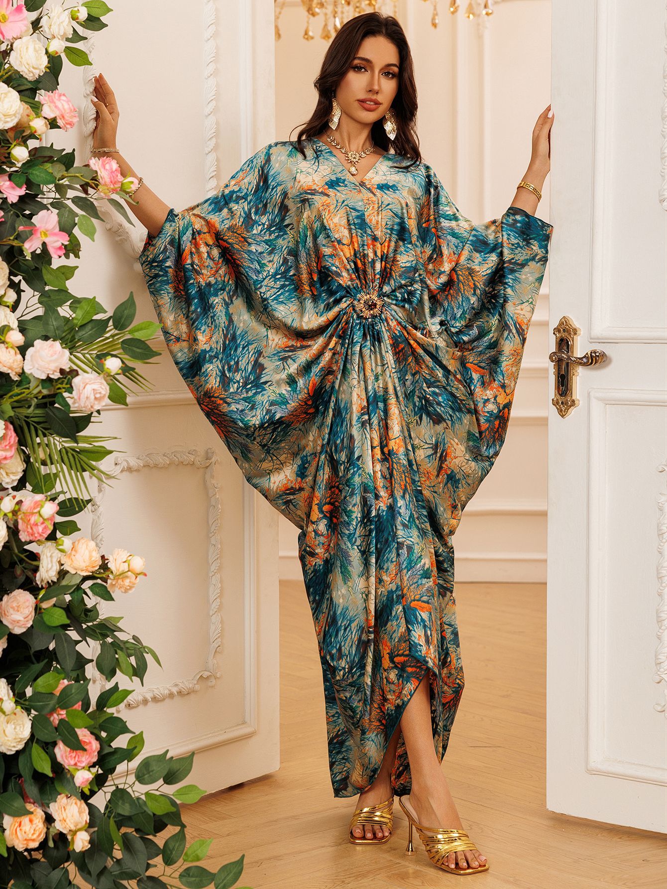 Eid femmes Robe musulmane Abaya imprimer col en V fête Jalabiya Ramadan robes longues Abayas robes Largos caftan arabe longue Robe 2025