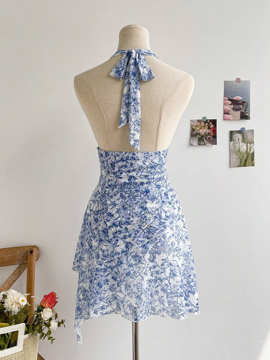 Robe d'été en maille bleue à fleurs pour femmes, col en V, sexy, élégante, douce, coupe ajustée, robe de soirée décontractée