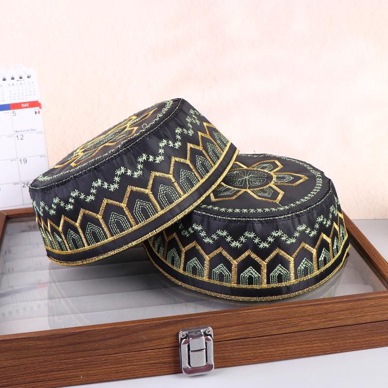 1 pièce Bonnet de prière pour homme en coton et polyester brodé, style arabe musulman, pour loisirs, d'Arabie Saoudite, turban, foulard, couvre-chef, bonnet saoudien.