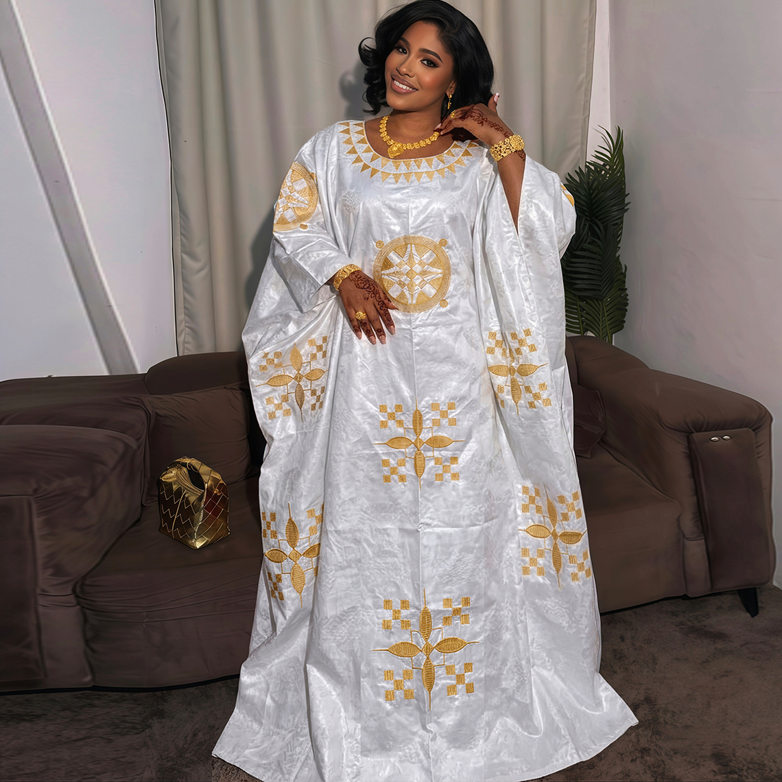 Robe Boubou Bazin Riche pour femmes africaines, blanche et dorée, originale du Nigeria, pour mariage et fête, style Dashiki, brillante