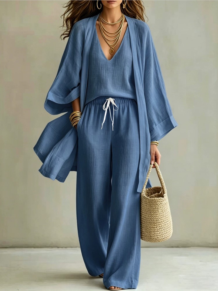 Ensemble trois pièces pour femmes, été, nouveau, couleur unie, décontracté, coton et lin, cardigan à manches trois-quarts, gilet sans manches, pantalon long