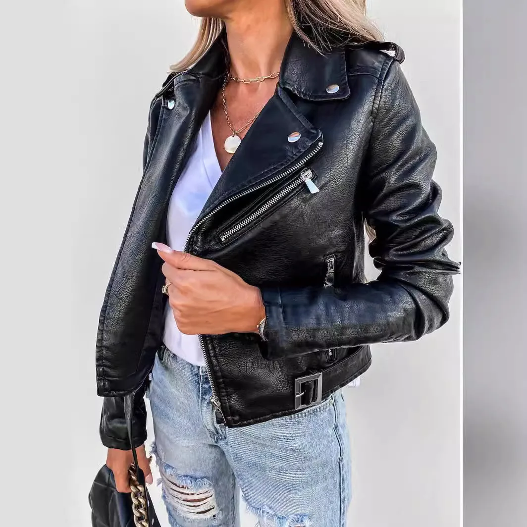 Manteau en cuir PU pour femme, veste zippée Slim Fit, Streetwear épissé, High Street, vêtements d'extérieur solides, vestes de poche, automne 2024