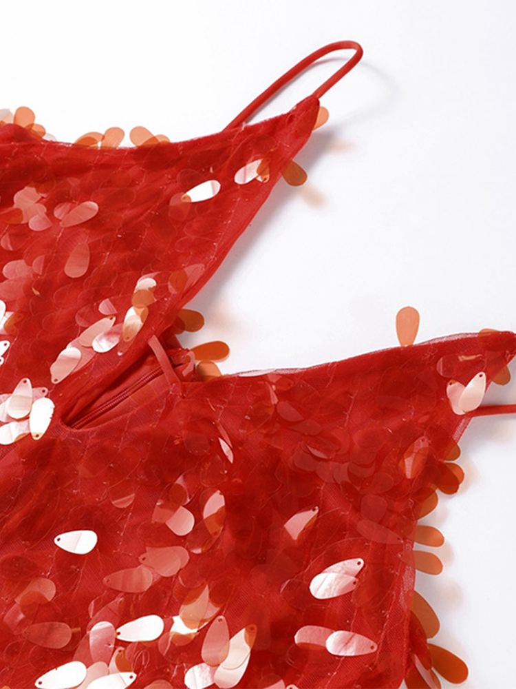 Sexy paillettes longue fronde robe de soirée femmes col en V sans manches rouge Maxi mince Robes femme 2025 été dame hanche paquet Robes nouveau