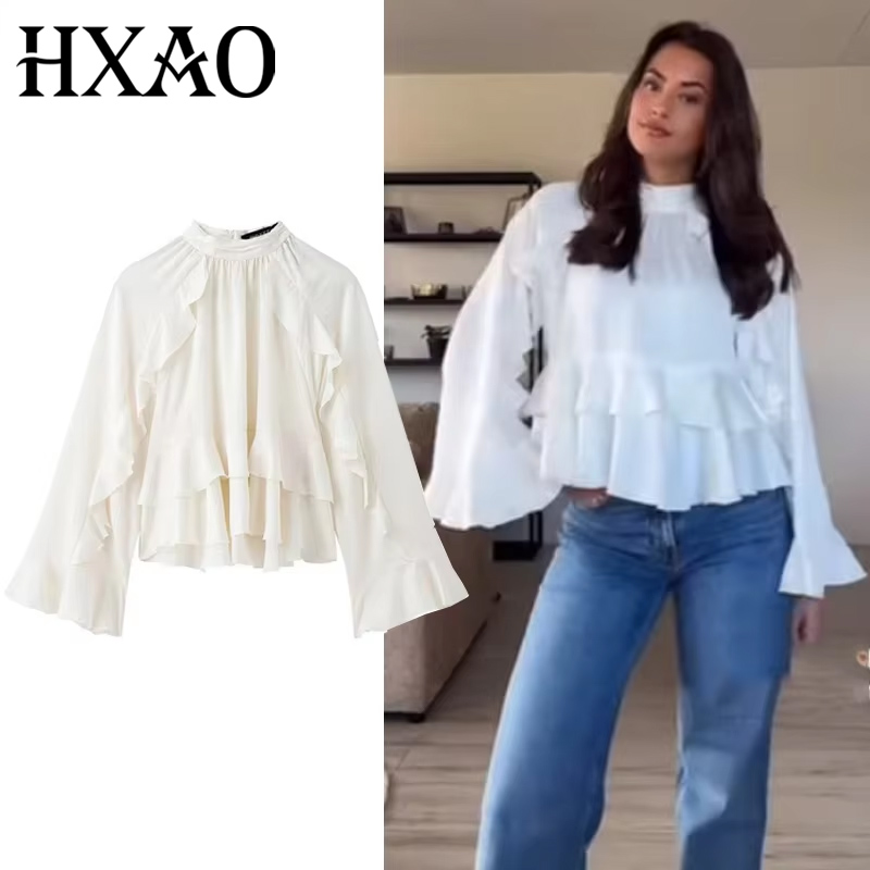HXAO femme Blouses recadrée à volants Blouse à manches longues haut froncé été chemises unies couches belles chemisiers pour femmes 088