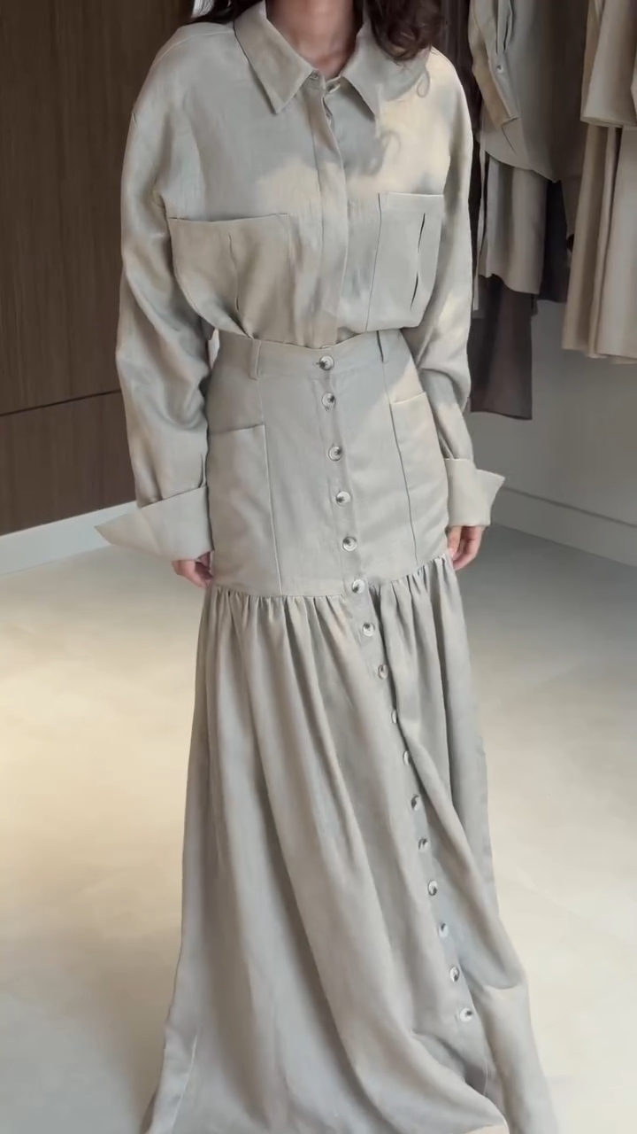 Ensemble jupe et chemise pour femme, chemise à col rabattu et simple boutonnage, jupe longue taille haute ajustée avec ourlet à volants et boutons, ensemble assorti pour femme
