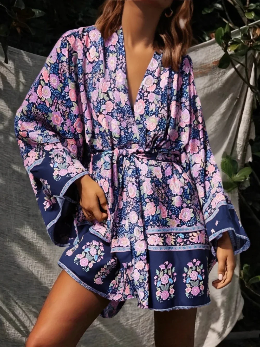 Boho Queens Multi imprimé fleuri ceintures Kimono femmes manches chauve-souris bohème Robe de demoiselle d'honneur vacances plage Boho Bikini couvertures