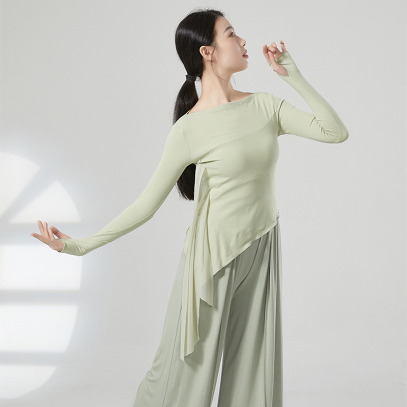 Haut de danse moderne pour femmes, chemise épissée en Tulle à manches longues, ourlet irrégulier, vêtements d'entraînement latin, haut Slim, chemisier à trous pour les pouces, vêtements de danse