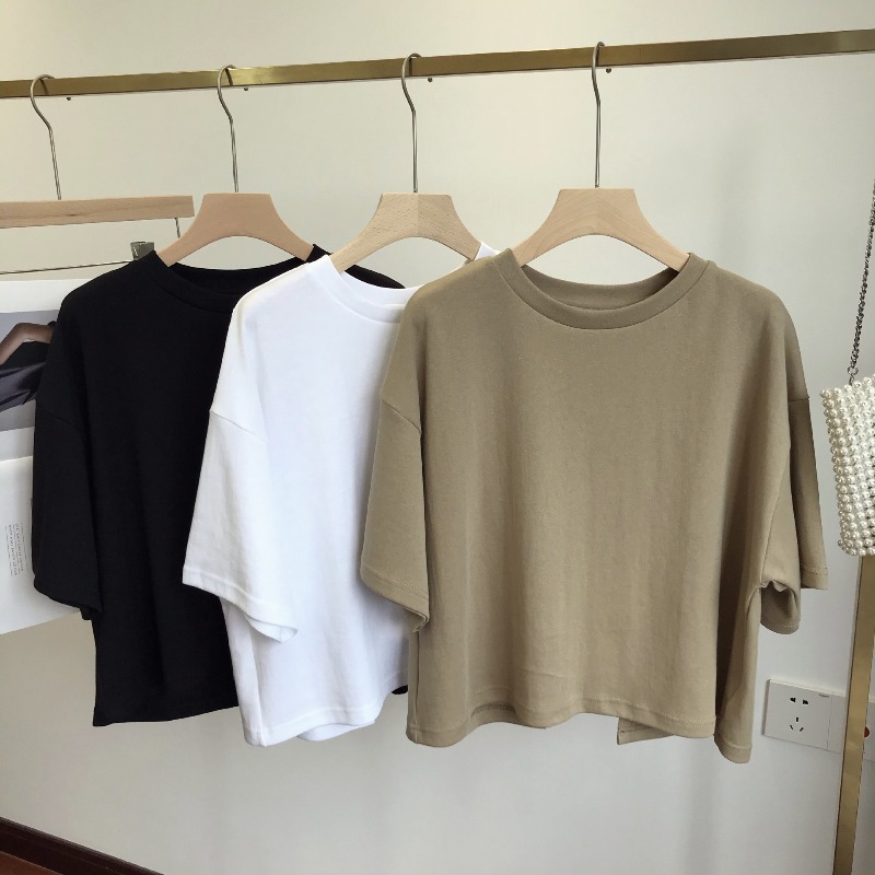 T-shirt femme style coréen, printemps-été, dos nu, coupe ample et courte, col rond, manches courtes, haut pour étudiante.