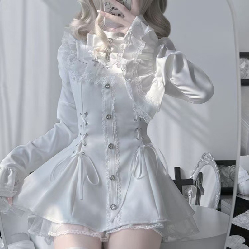 Ensemble de robe gothique japonaise Lolita pour femmes, Harajuku Y2k, nœud en dentelle, col à volants, Mini robes de soirée élégantes et mignonnes
