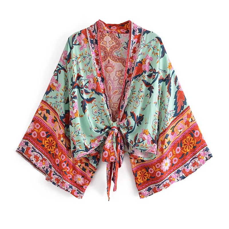 Boho Queens Vintage imprimé fleuri ceintures court Kimono femmes nouvelle mode col en V manches chauve-souris dames Robe de plage couvertures