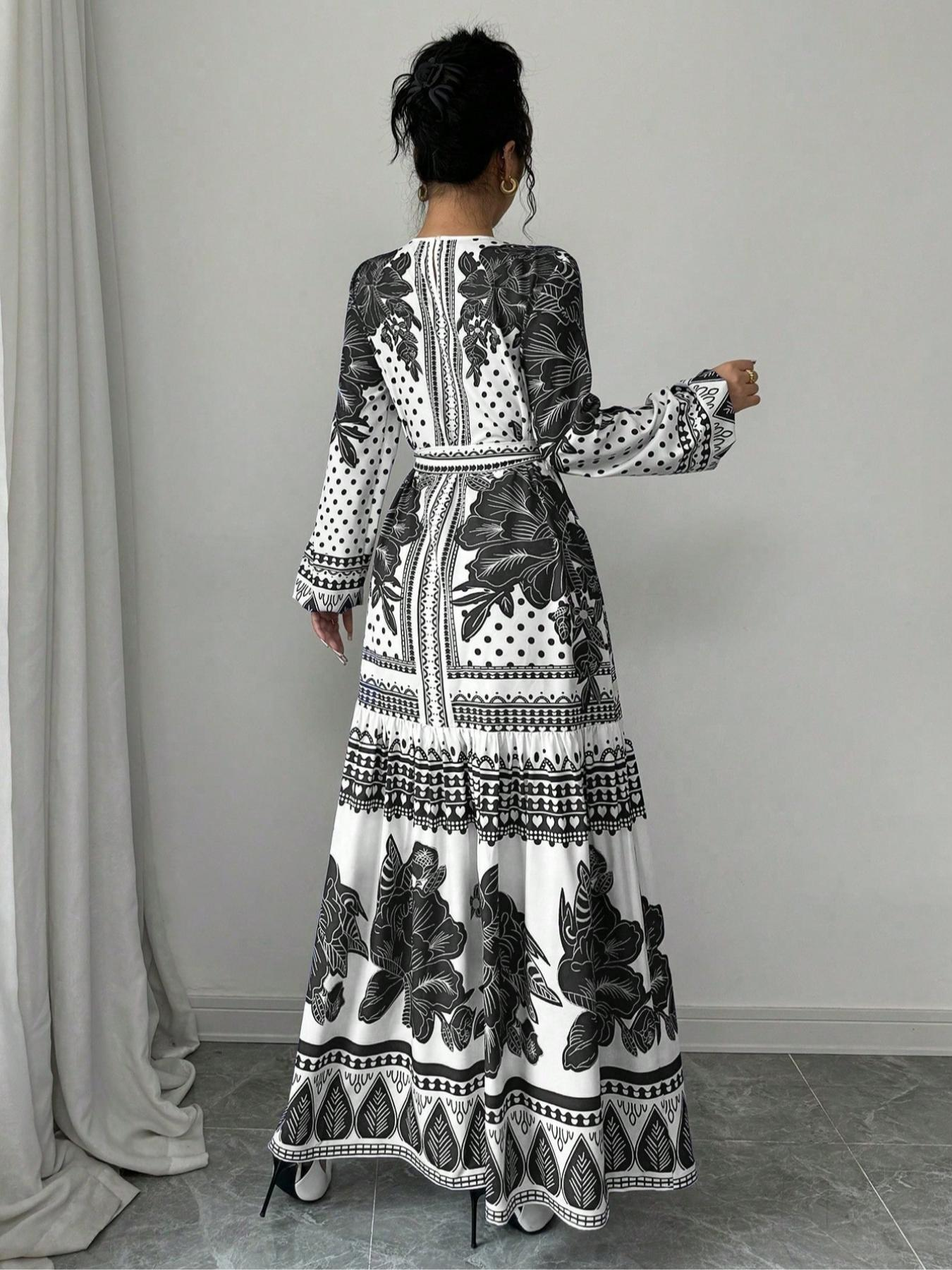 Robe ceinturée à imprimé Floral pour femmes, robe élégante et décontractée à manches longues pour un usage quotidien en plein air, robe d'été pour femmes