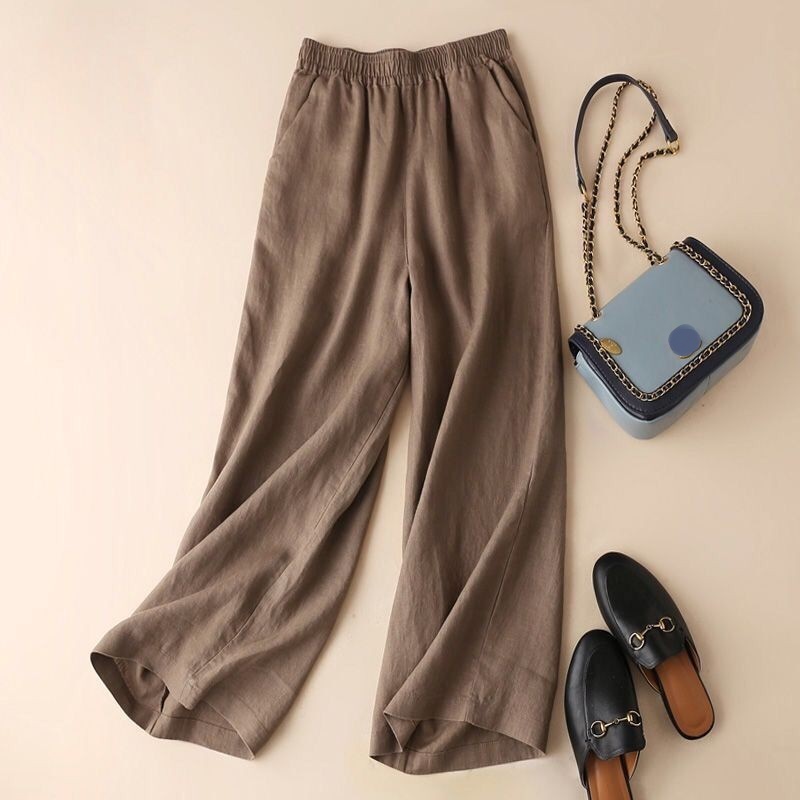Mode pleine longueur pantalons décontractés pour femmes coton lin pantalon à jambes larges solide pantalon d'été femme ample taille haute pantalon droit
