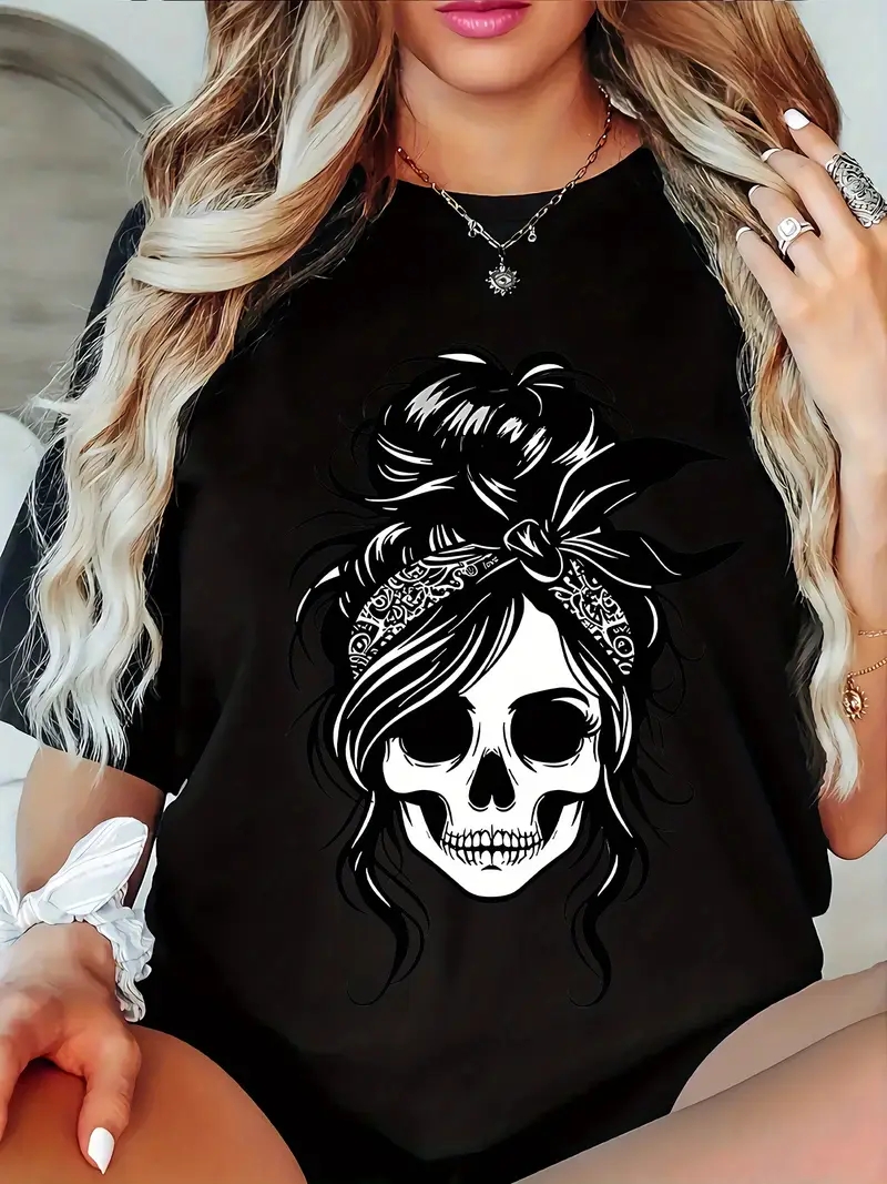 T-shirt décontracté pour femmes – Crâne géométrique noir et imprimé floral, haut à manches courtes et col rond pour le printemps/été, haut de personnalité Y2K