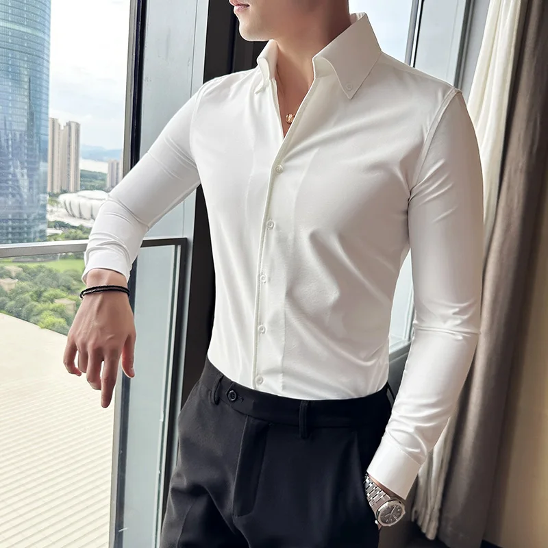 Hommes robe chemise 2025 automne à manches longues Camisas affaires mode chemise mâle solide Style britannique blanc noir chemise hommes vêtements