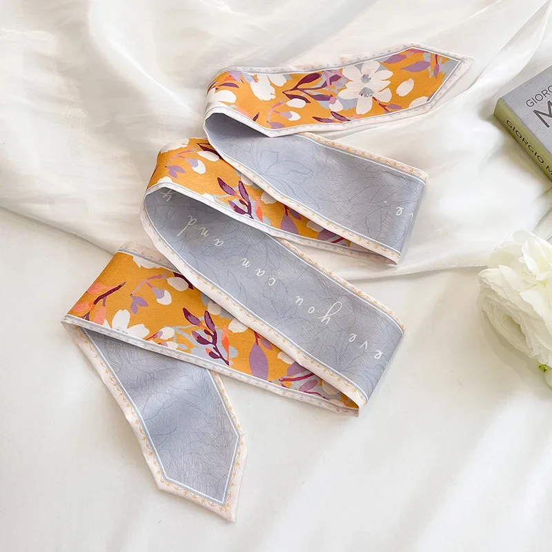 Nouveau Foulard Long en Soie Satinée à Imprimé Floral Original pour Femme – Écharpe de Qualité Supérieure, Rubans pour Cheveux et Accessoires de Sac