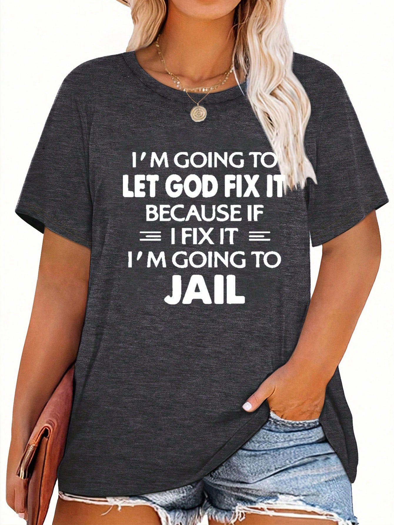 T-shirt décontracté à manches courtes et col rond pour femme, grande taille, imprimé avec un slogan, idéal pour les trajets quotidiens et le shopping