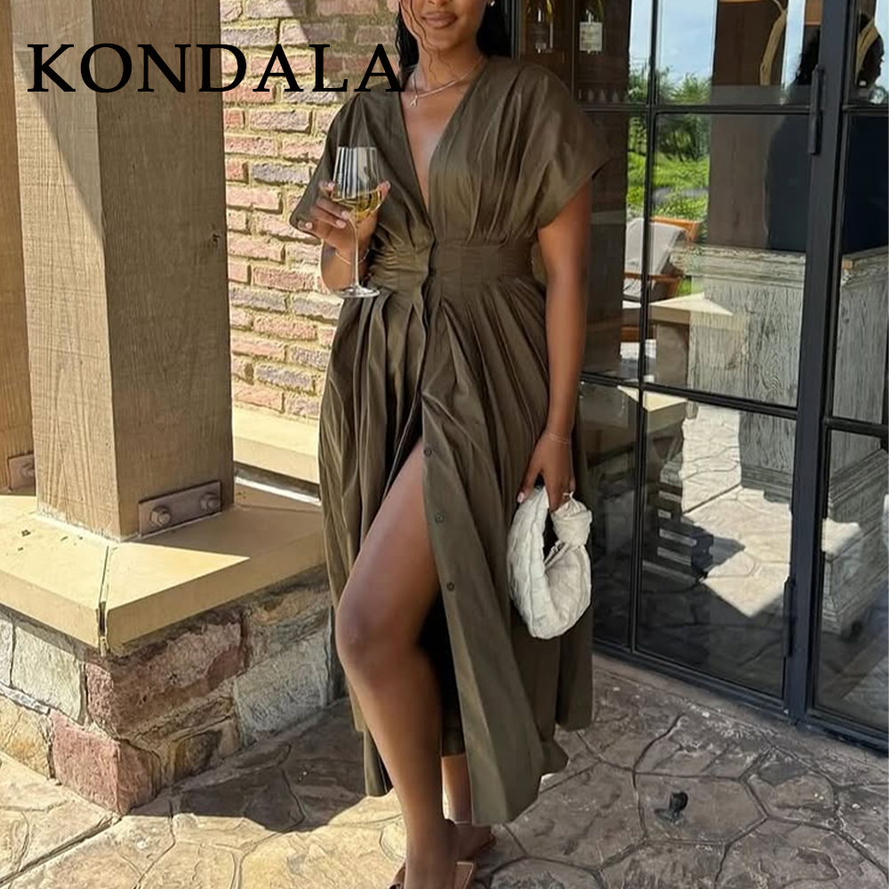 Robe Vintage Femme KONDALA Printemps-Été 2026 – Chic, Marron, Col V, Sans Manches, Drapée, Boutonnage Simple avec Ceinture