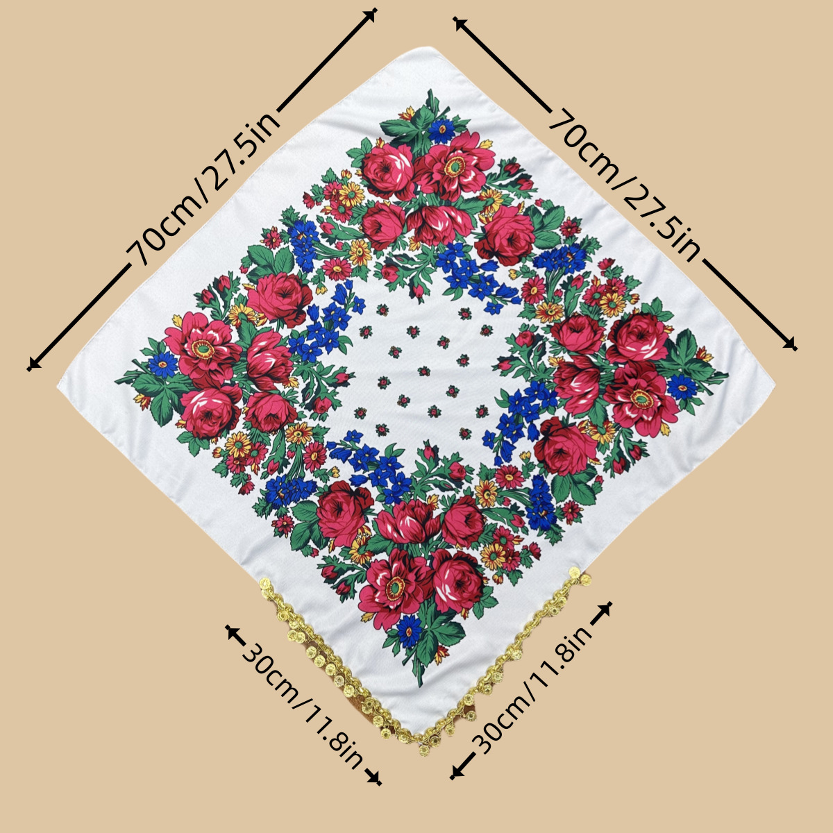 Écharpe carrée russe dorée scintillante à pompons pour femme, foulard de luxe à imprimé floral, bandana, pareo, bandeau pour femme, foulards et couvre-chefs féminins
