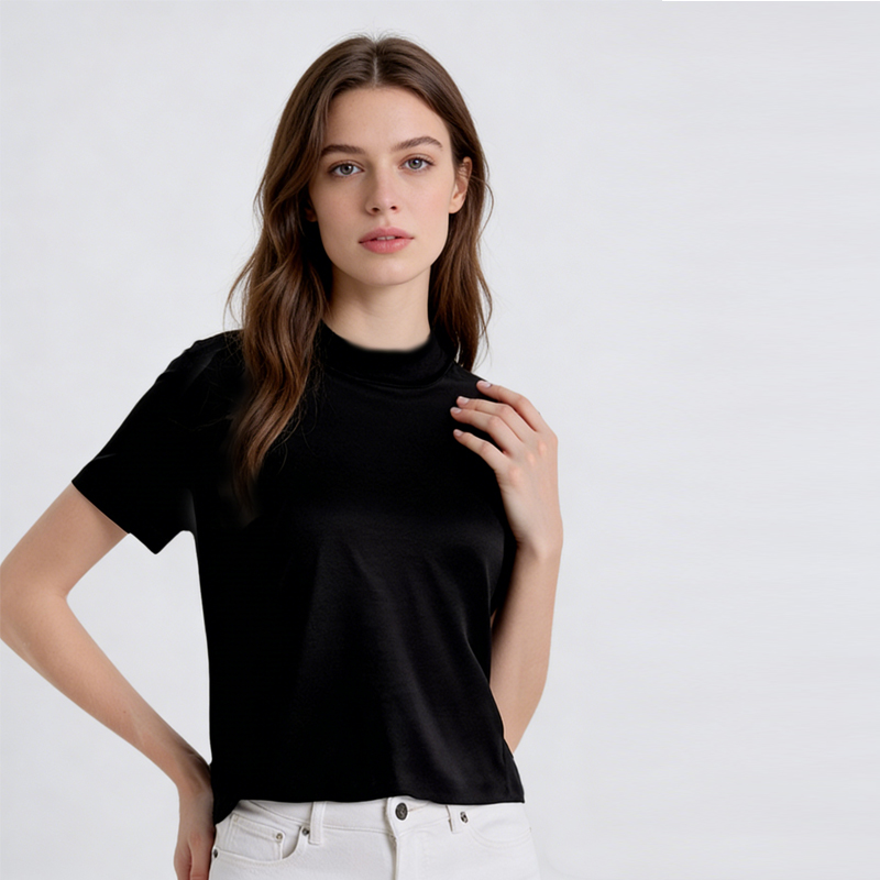 Nouveau T-shirt polyvalent à manches courtes et col semi-montant en soie de mûrier naturelle (25 %) tricoté pour femme, collection Printemps/Été 2026