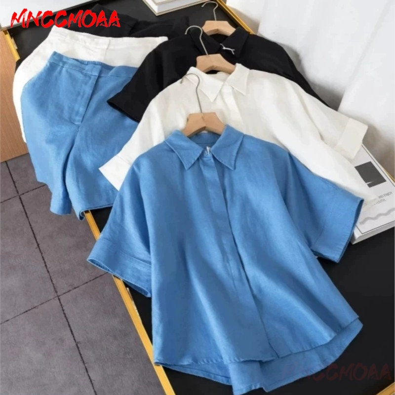 Ensemble chemise et short en lin pour femme, manches courtes, été, uni, décontracté, deux pièces