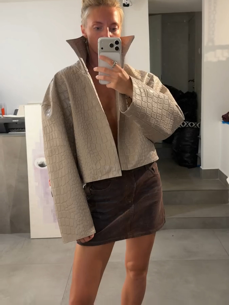 Veste Courte Décontractée en Similicuir PU pour Femme, Col Montant, Manches Longues, Ouverte sur le Devant, Style Mode, Automne 2026, Coupe Ample, Tendance Urbaine