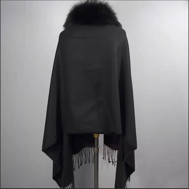 Écharpe de style long avec col en fourrure de renard véritable pour femme, châle moelleux, enveloppes d'hiver, 100% laine