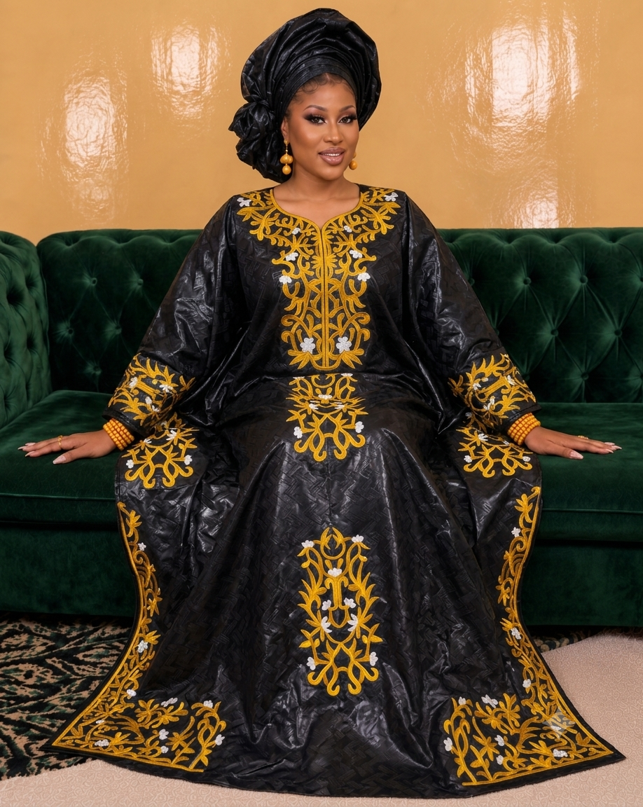 Robe longue Boubou Dashiki en brocart noir, 100% coton Bazin Riche, originale nigériane, avec foulard, pour mariage et fête.