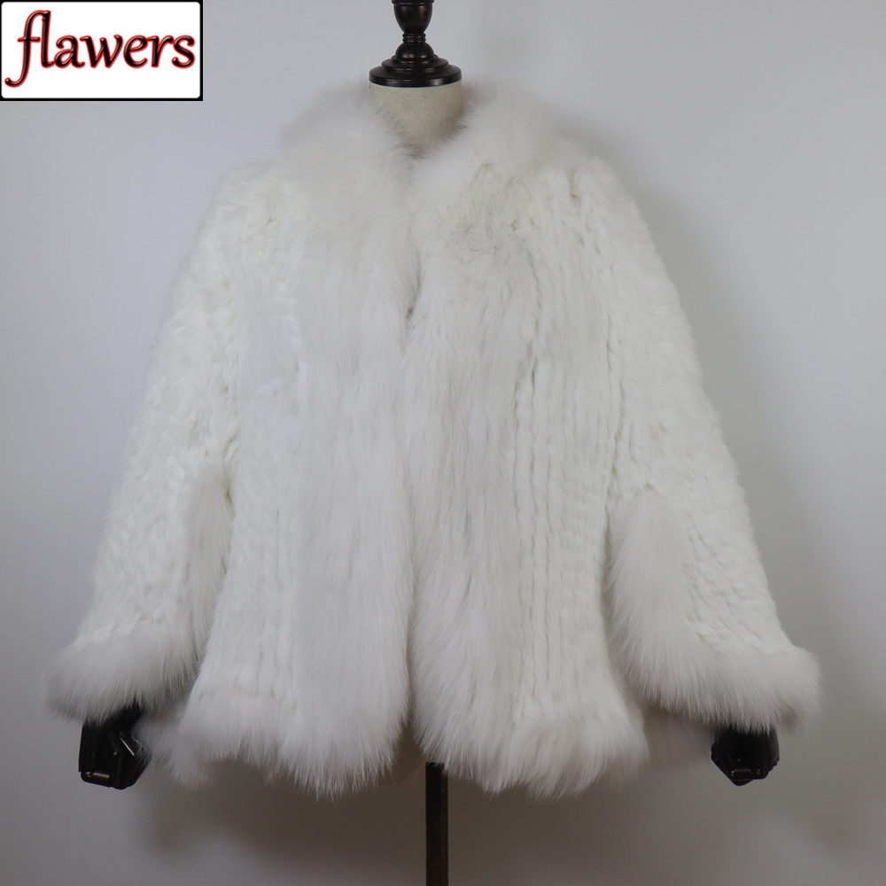 Femmes chaudes tricoté 100% réel fourrure de lapin châle hiver chaud véritable fourrure de lapin Pashmina manteau avec col de fourrure de renard pour la mode féminine