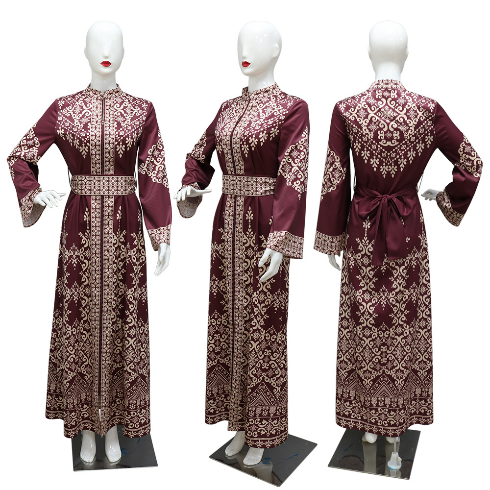 Robes zippées imprimées à la mode de nouveau style à Dubaï, Arabie Saoudite. Robes de style ethnique moyen-orient pour femmes avec ceintures.