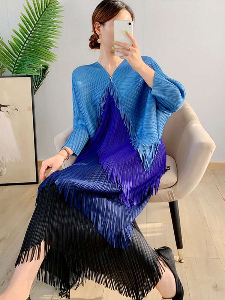 LANMREM-Robe de Nuit Plissée à Franges pour Femme, Patchwok, Manches Chauve-Souris, Mi-mollet, Mode Féminine, Été 2025, 2N789