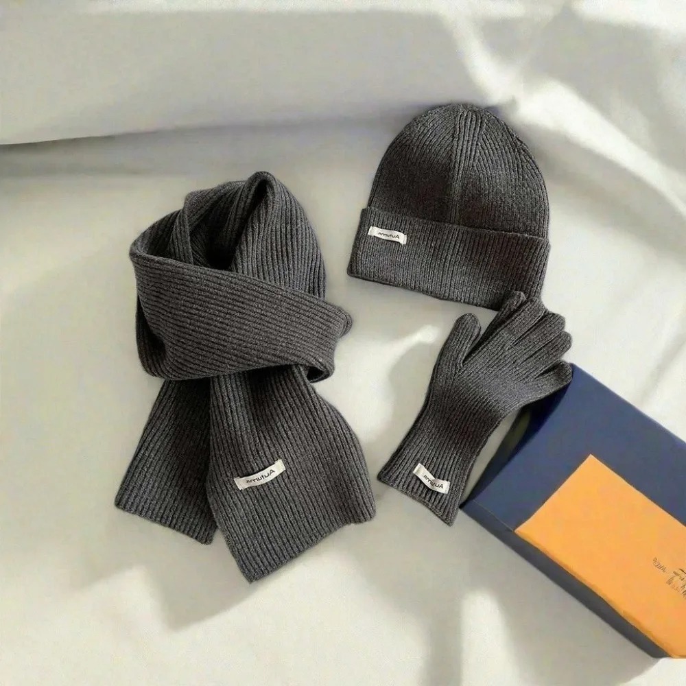 Ensemble tricoté hiver femme : écharpe, bonnet et gants coupe-vent couleur unie – Ensemble trois pièces tendance pour femme