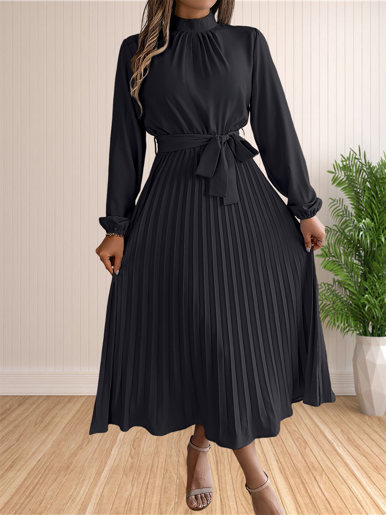 Robes longues d'été pour femmes, élégantes, plissées, manches longues, à lacets, style Boho, portefeuille, ourlet à volants, robe d'été