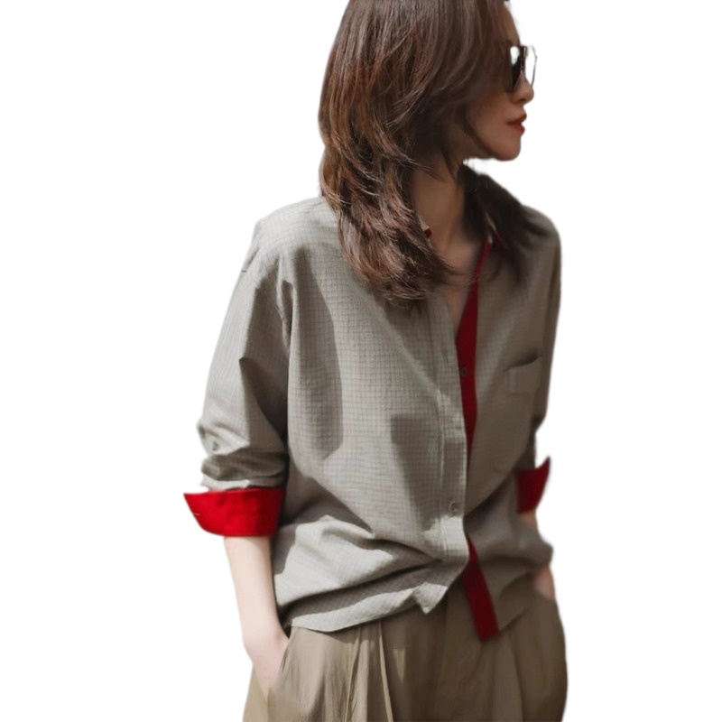 Chemisiers Vintage à carreaux pour femmes, chemises décontractées, mode ample, vêtements d'été de Style français, manches longues, gris, hauts pour femmes