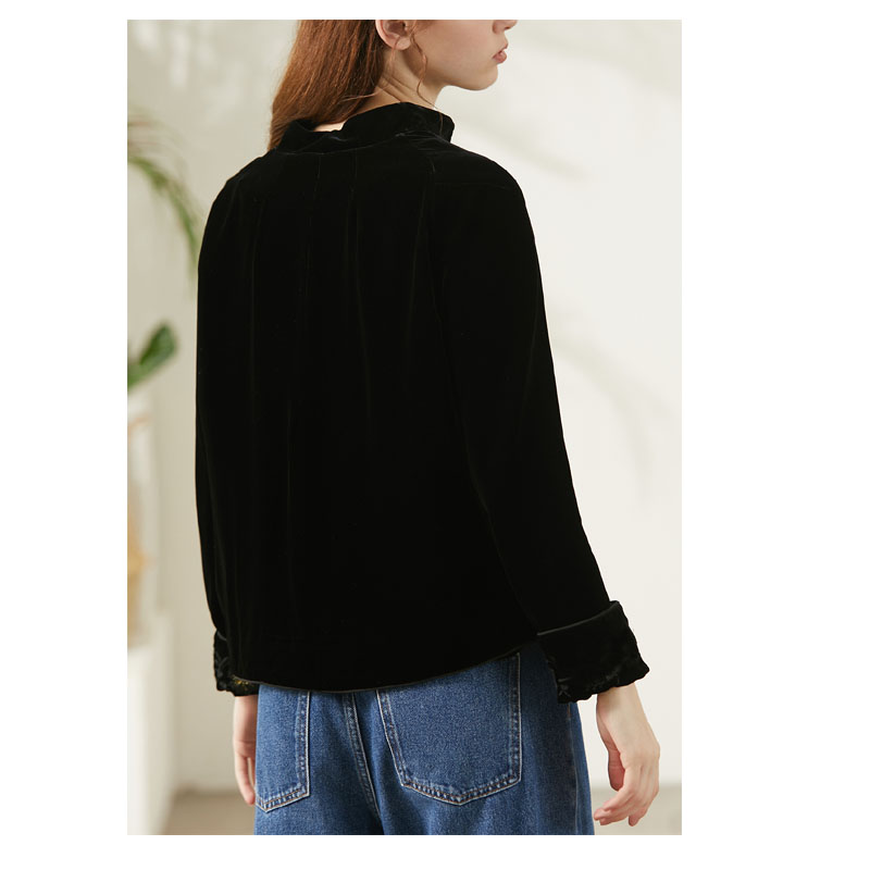 Chemise en velours de soie véritable pour femme, style court à manches longues, col montant, rétro, douce et lisse, haut de gamme, bonne qualité, printemps-automne