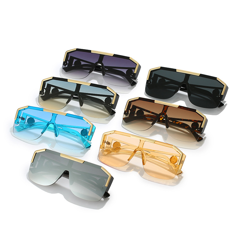 Une pièce lunettes de soleil femmes marque plat haut grandes lunettes tête de Lion évider grandes nuances de soleil Uv400 demi-monture lunettes