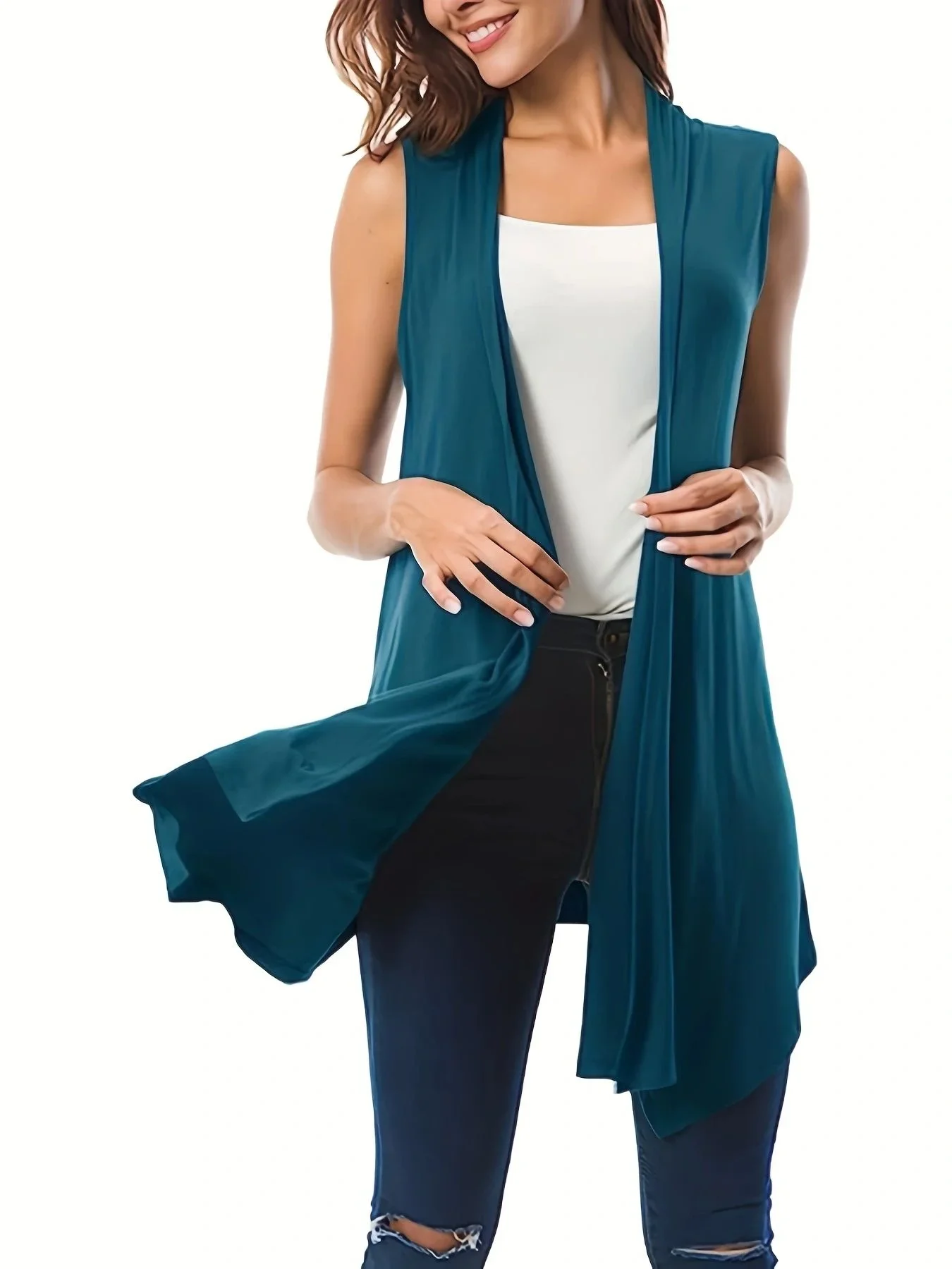 Cardigan sans manches pour femmes, grande taille 1XL-5XL, couleur unie, ourlet, polyvalent, décontracté, Simple, à la mode